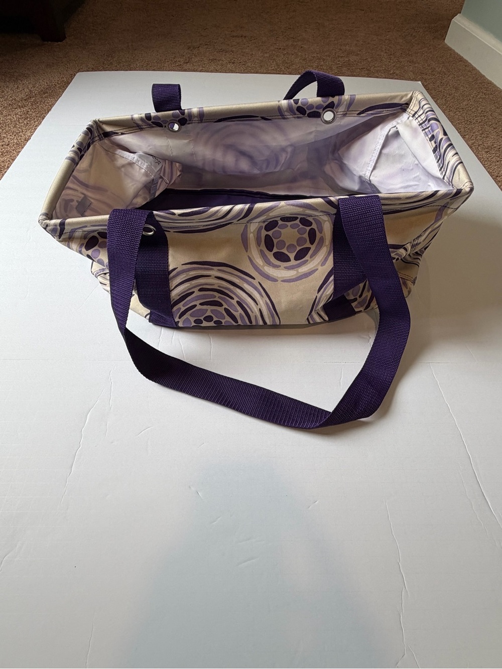 Thirty One Brand Canvas Tote Bag with Purple Floral Swirl Pattern